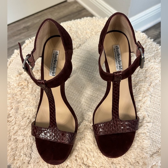 $75. Charles David strappy sandals, size 5, color Plum/snake. Great condition. - Picture 2 of 5